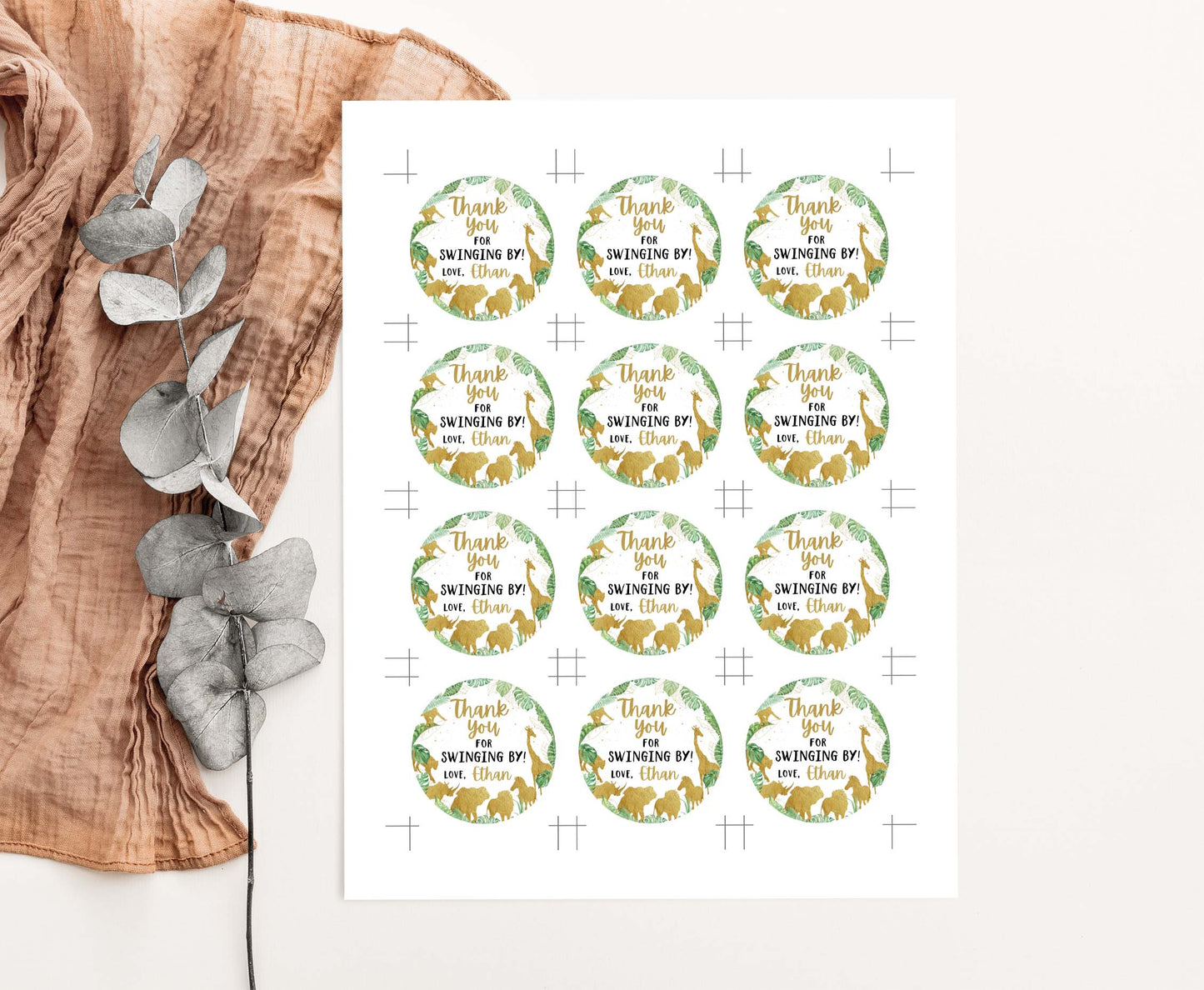 Editable Thank you for swinging by round tag 2"x2" Tag | Gold safari Gift Tag - 35K