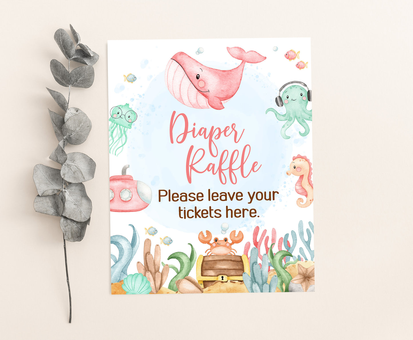 Girl Under The Sea Diaper Raffle Sign and Ticket Card | Ocean Baby Shower Game Printable - 44A