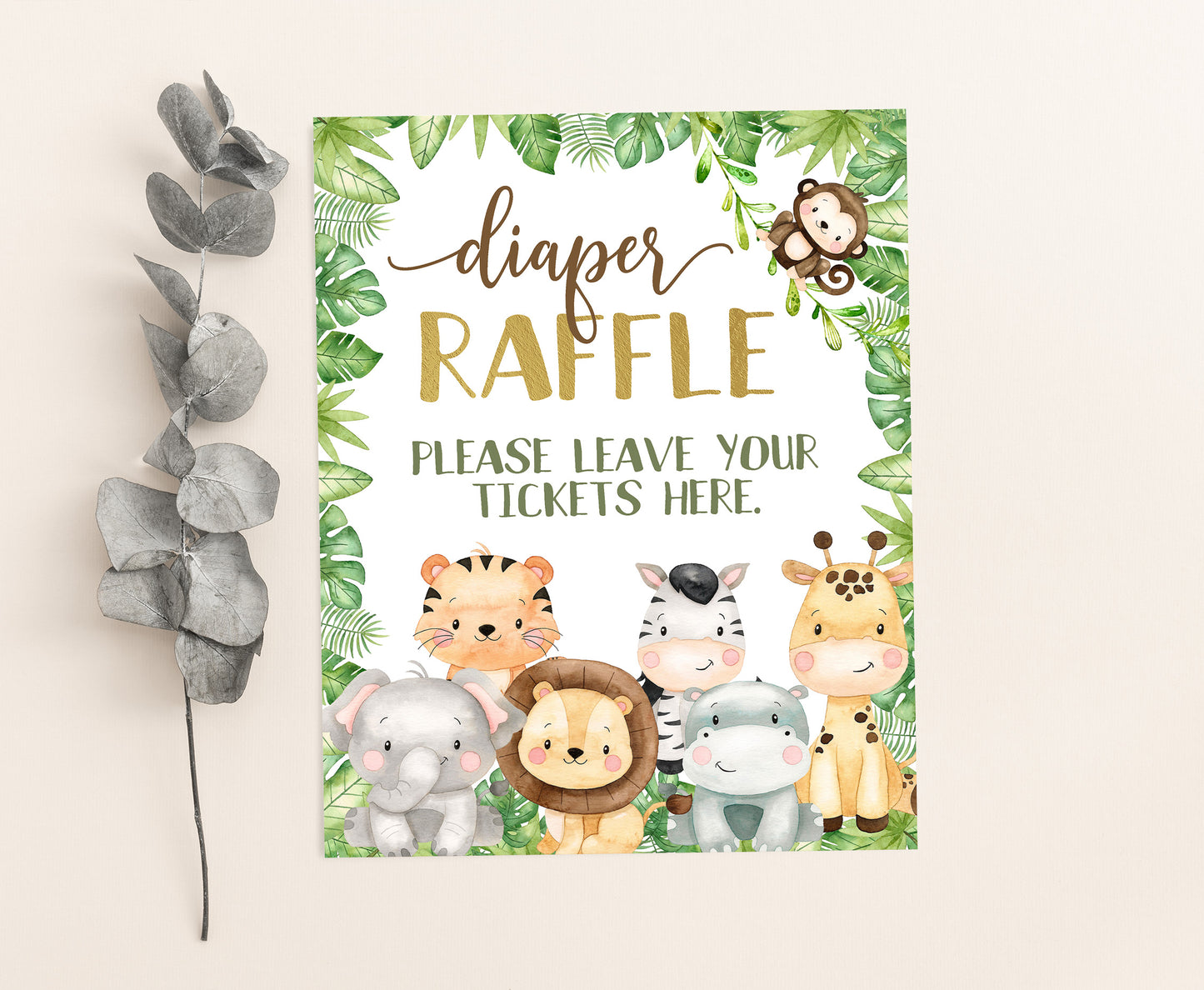 Safari Diaper Raffle Sign and Tickets | Jungle Animals Baby Shower Game - 35E