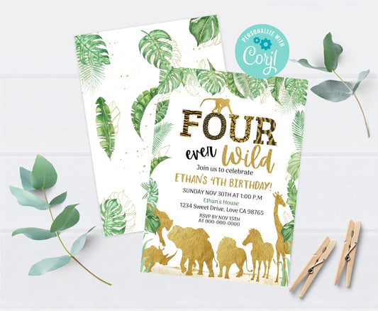 Four Ever Wild Birthday Invitation | Editable safari 4th Birthday Invite - 35K