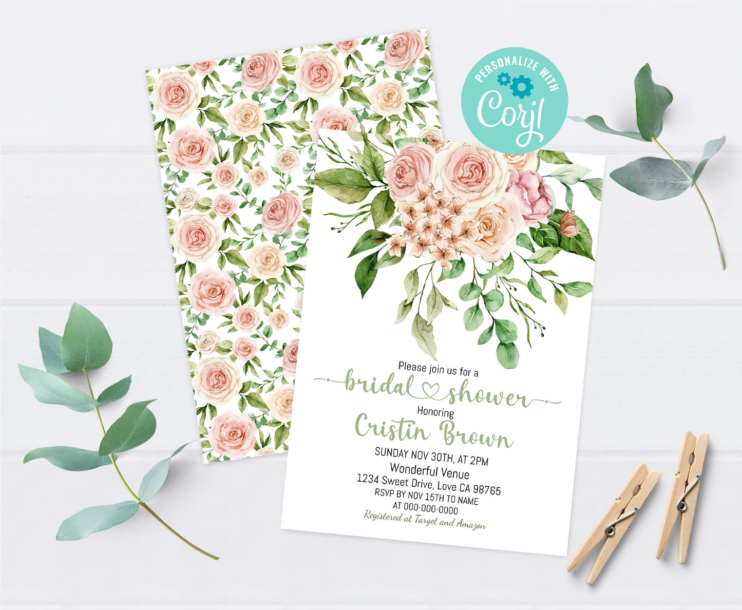 Cream and Blush Roses Bridal shower Invitation | Floral Bridal Shower Invite - 13Aw