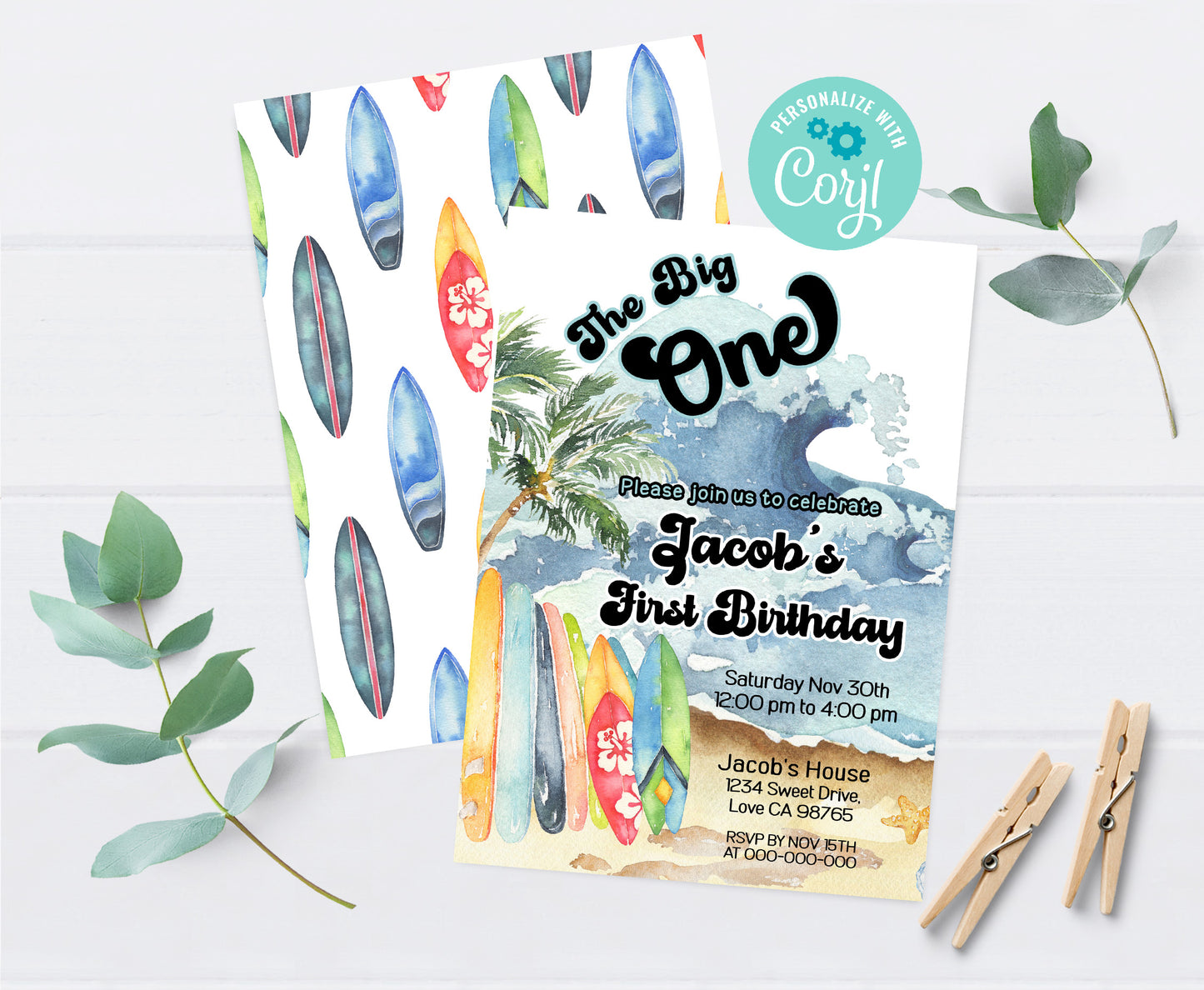 Editable The Big One Birthday Invitation | Surfing 1st birthday Party Invite - 120