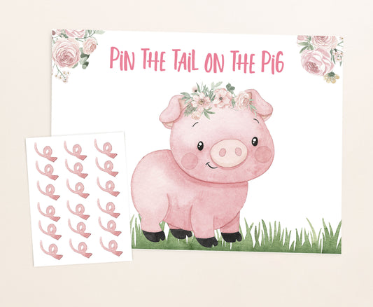 Floral Pin The Tail On The Pig | Girl Farm Birthday Party Game - 11A