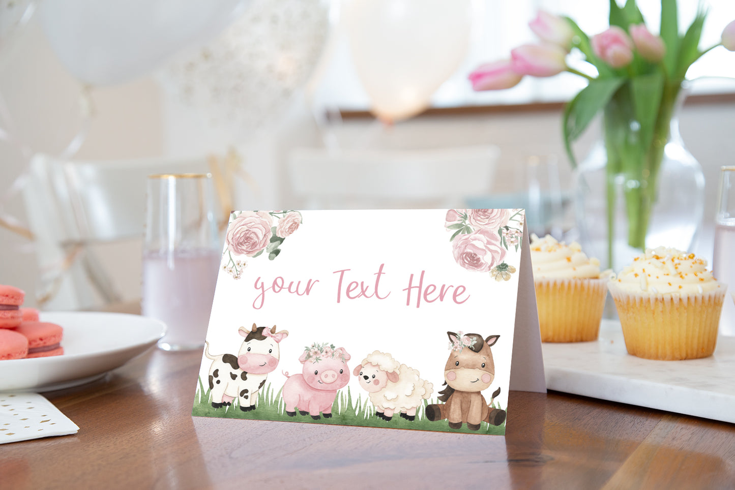 Floral Farm Place Cards | Girl Barnyard Party Table Decorations - 11A