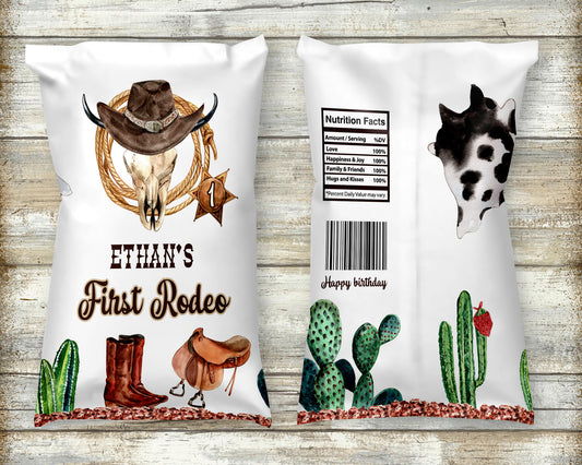 Editable My first rodeo  Chip Bag Wrapper | Cowboy Theme Birthday Party Decorations - 34A