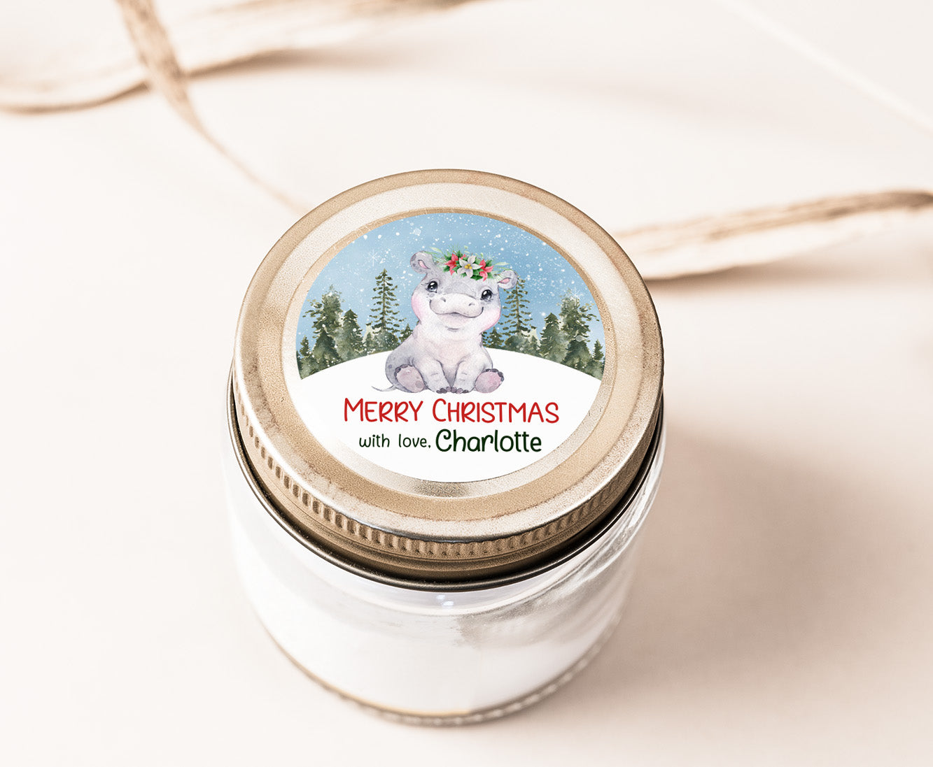 Merry Christmas  2"x2" Tag round and square| Editable Hippo Christmas Gift Tag - 112
