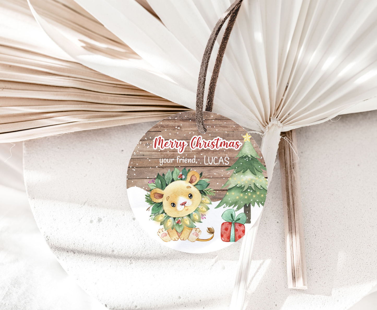 Merry Christmas  2"x2" Tag round and square | Editable Lion Christmas Gift Tag - 112