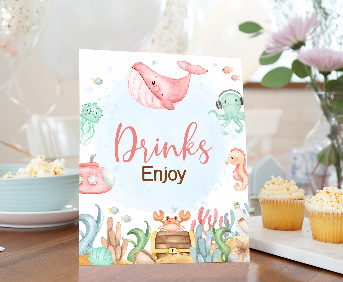 Girl Under the Sea Drinks Sign | Ocean Themed Party Table Decorations - 44A
