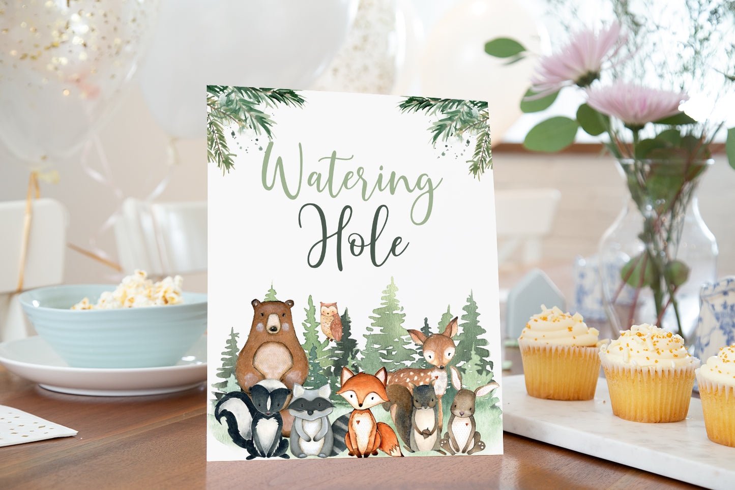 Woodland Watering Hole Sign | Forest Animals Party Table Decorations - 47J2