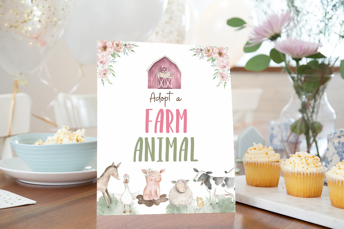 Adopt a Farm Animal Sign | Girl Farm Party Decorations - 11B