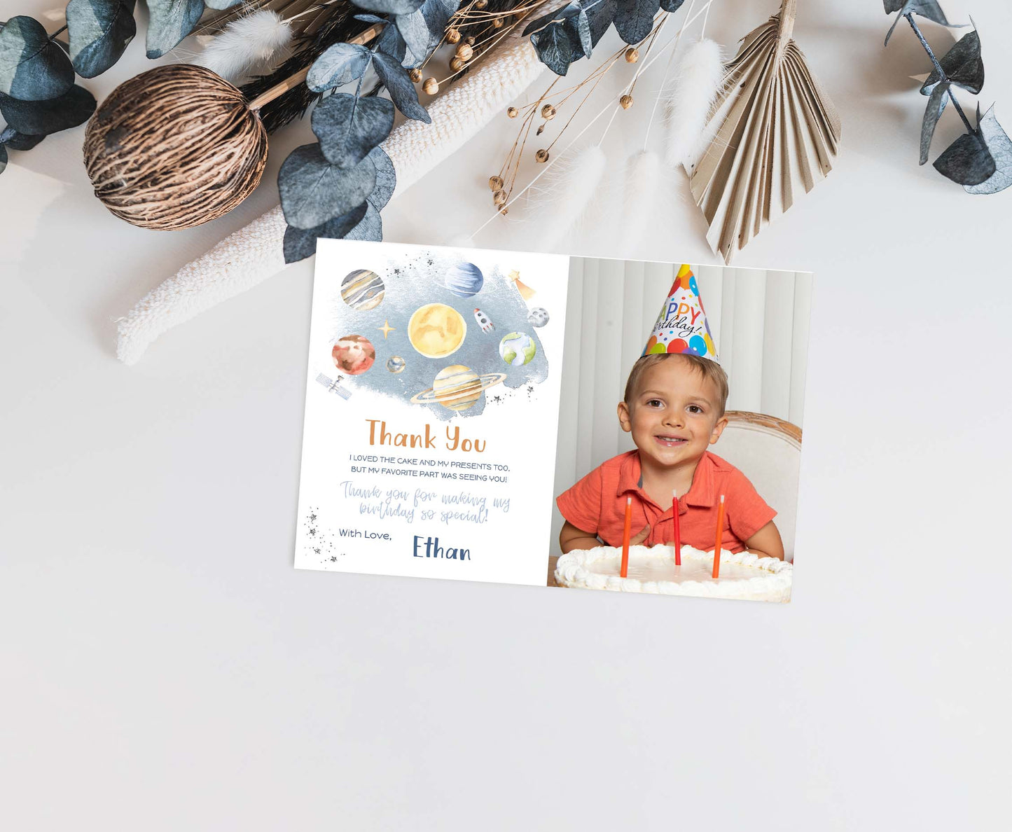 Space Photo Thank You Card | Editable Planets Birthday Thank You Note - 39B