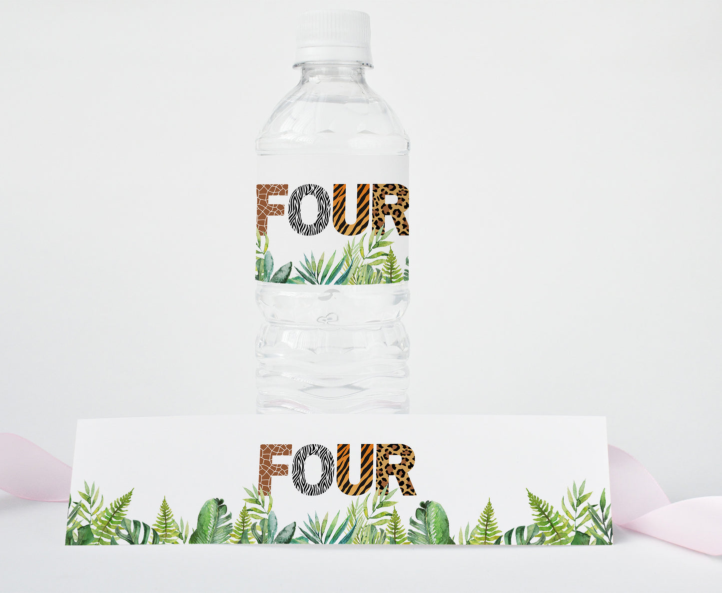 Four Safari Water Bottle Labels Animal Print | Jungle 4th Birthday Party Decorations - 35H