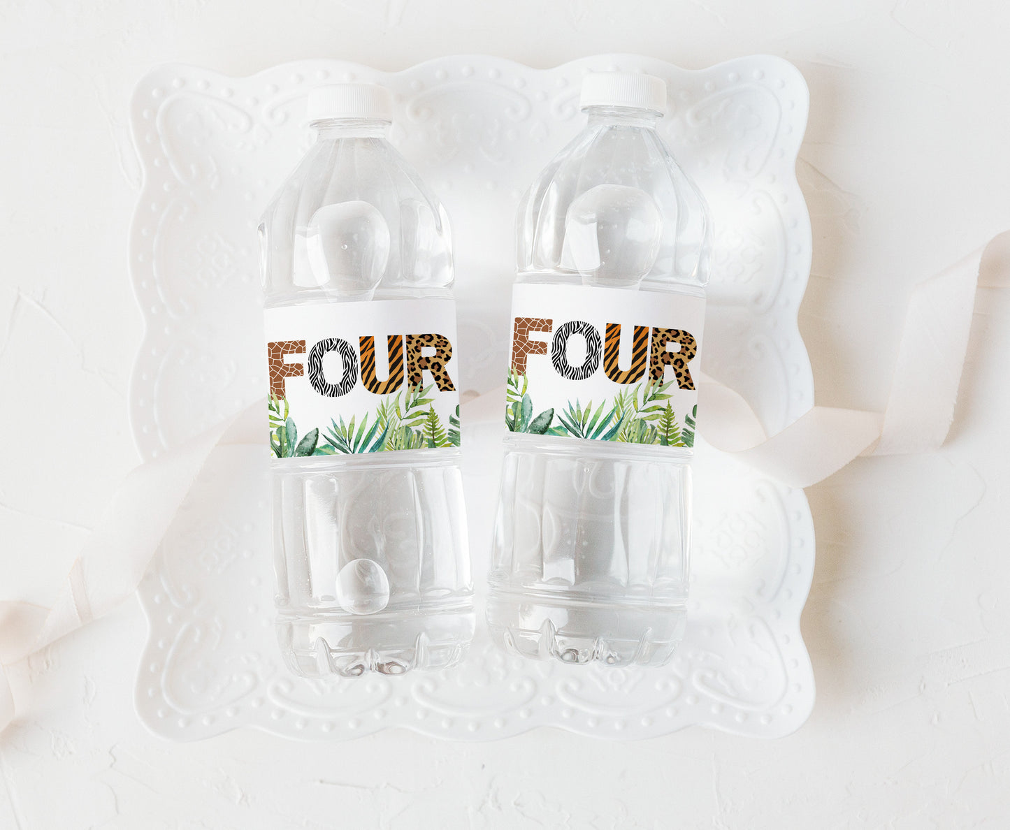 Four Safari Water Bottle Labels Animal Print | Jungle 4th Birthday Party Decorations - 35H