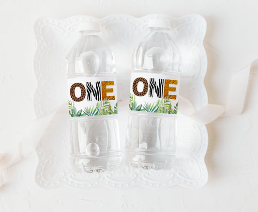 ONE Safari Water Bottle Labels Animal Print | Jungle 1st Birthday Party Decorations - 35H