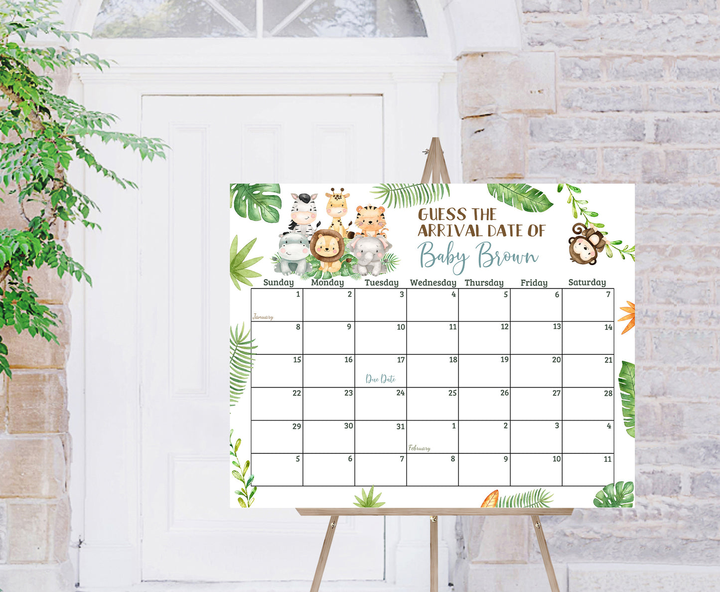 Editable Safari Due Date Calendar | Jungle Baby Shower Game - 35E