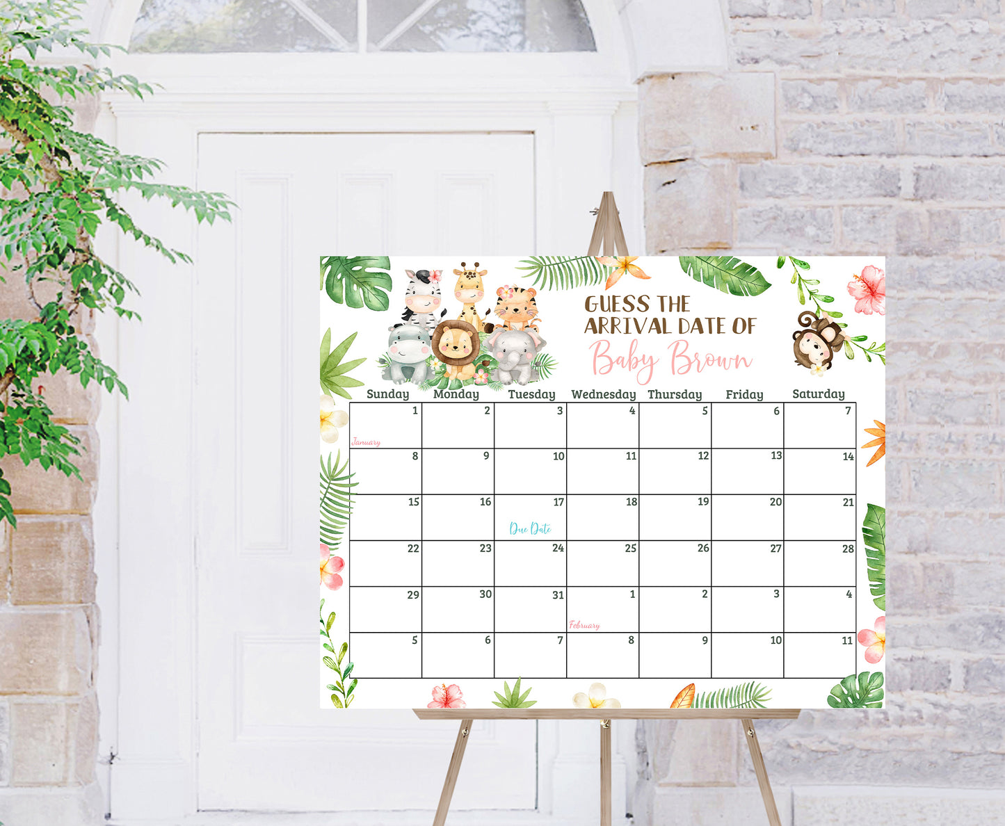 Editable Girl Safari Due Date Calendar | Floral Jungle Animals Baby Shower Game - 35E