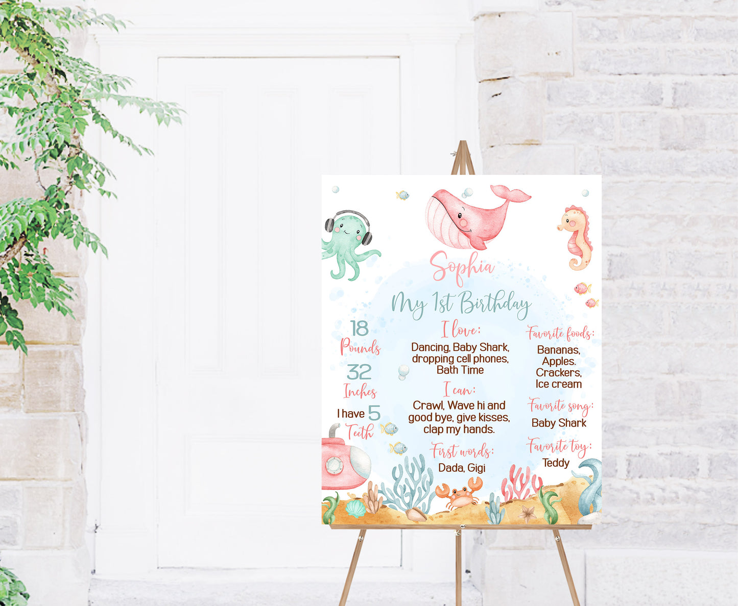 Editable Girl Under The Sea Milestone Poster | Ocean 1st Birthday Party Decorations - 44A