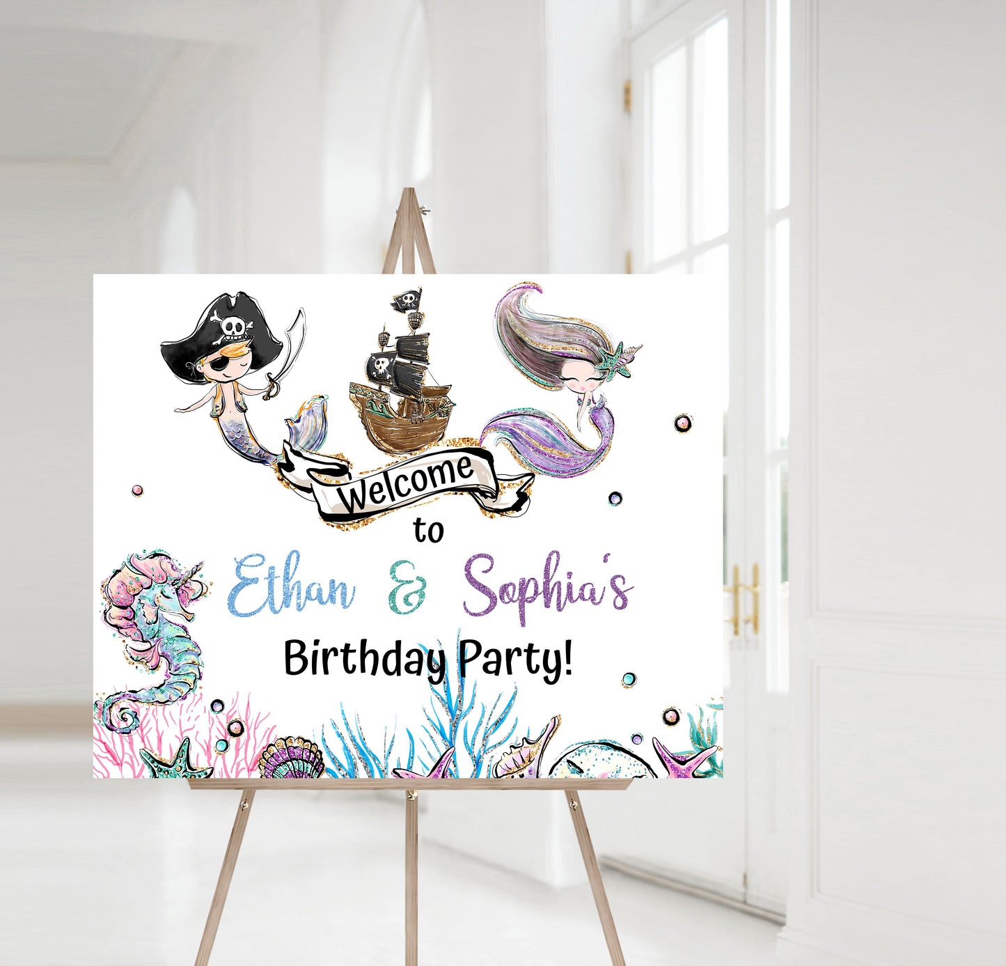 Editable Mermaid and Pirate Birthday Welcome Sign - 20A1