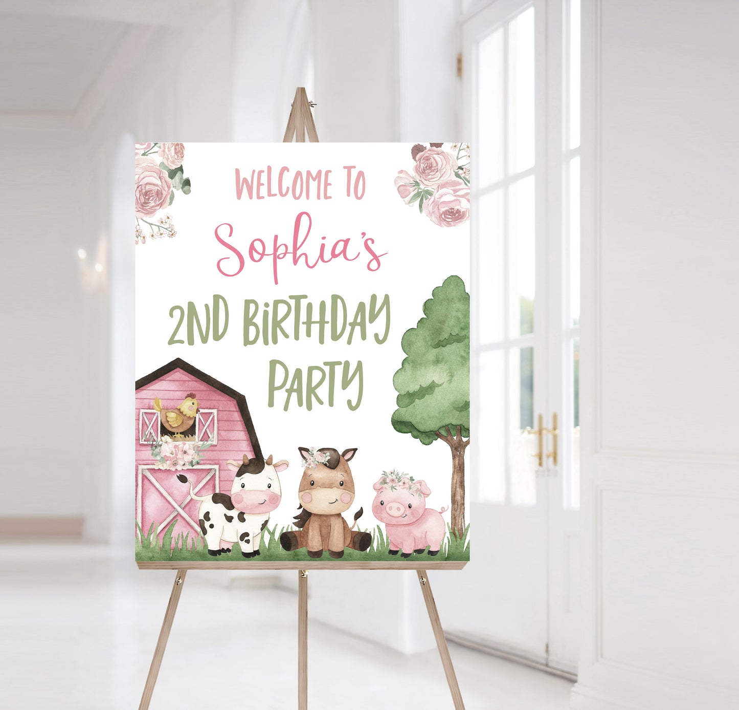 Floral Farm Birthday Welcome Sign | Editable Girl Barnyard Party Decorations - 11A