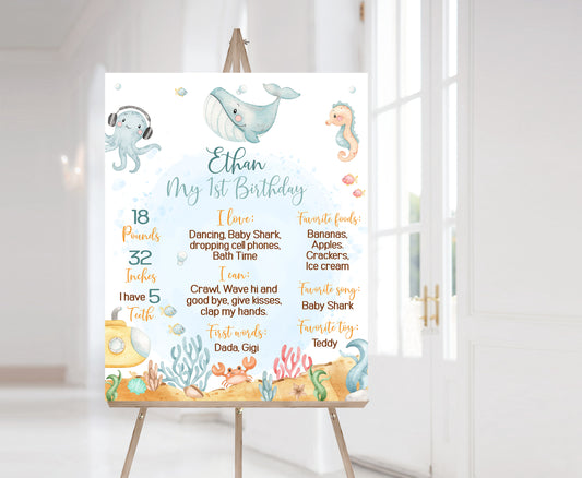 Editable Under The Sea Milestone Poster | Ocean 1st Birthday Party Decorations - 44A