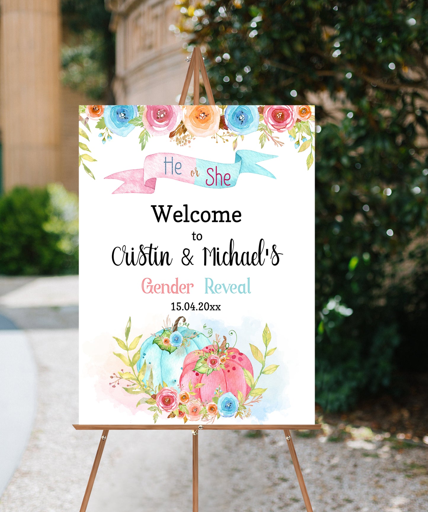 Pumpkin Gender Reveal Welcome Sign | He or She Fall theme shower decorations - 30A