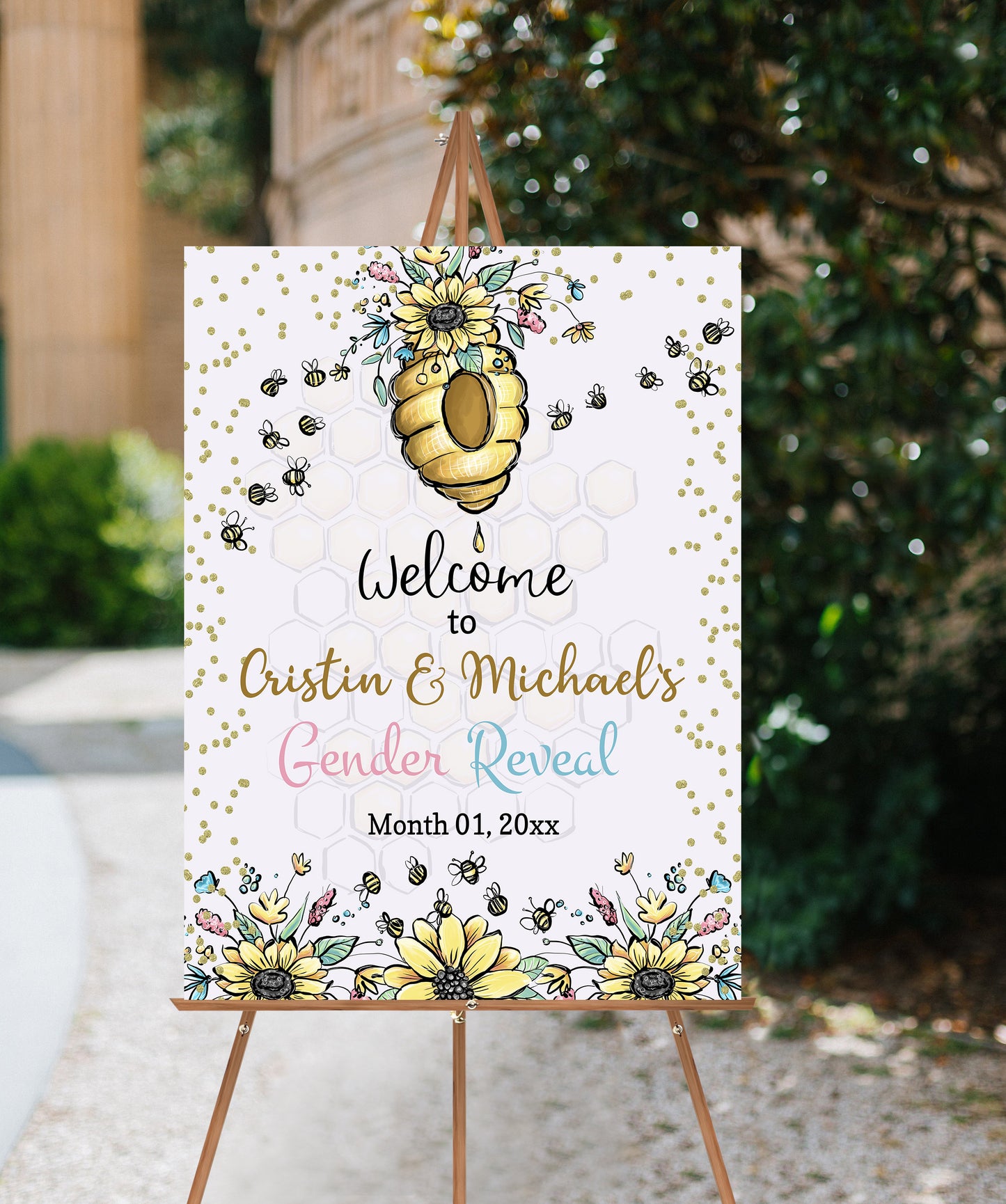 Bee Gender Reveal Welcome Sign | Editable Honeycomb theme shower decorations - 61A