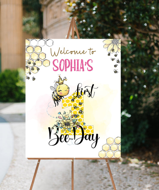 1st Bee Day Welcome Sign | Bumble Bee Birthday Party Printables - 61A