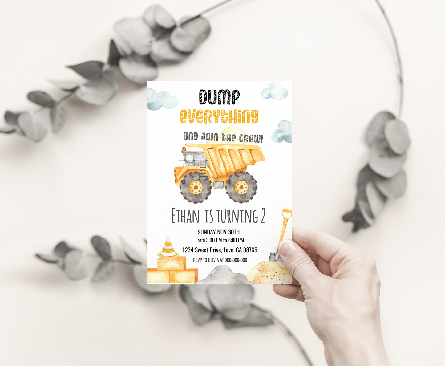 Dump Truck Birthday Invitation | Editable Construction Party Invite - 07A