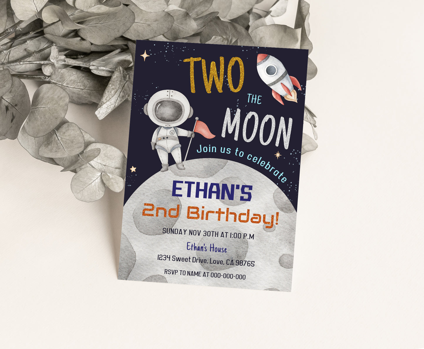 Two The Moon Party Invitation | Editable Space 2nd Birthday Invite - 39C
