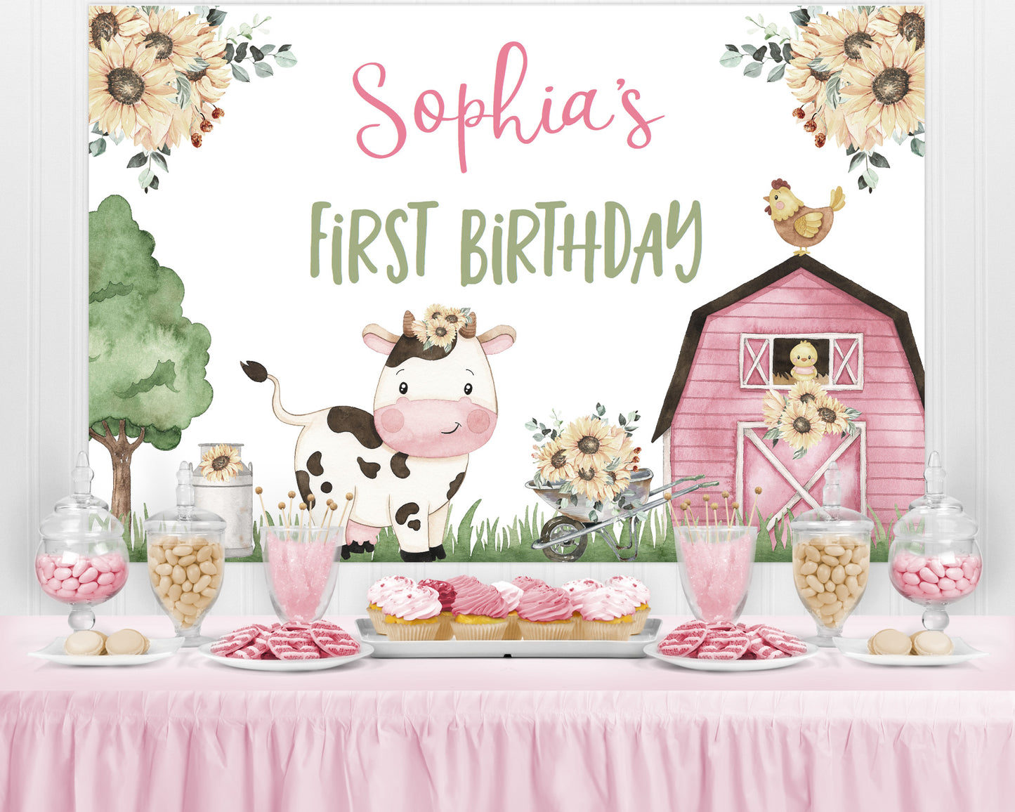 Editable Sunflowers Cow Birthday Backdrop Banner | Pink Barnyard Party Sign - 11G