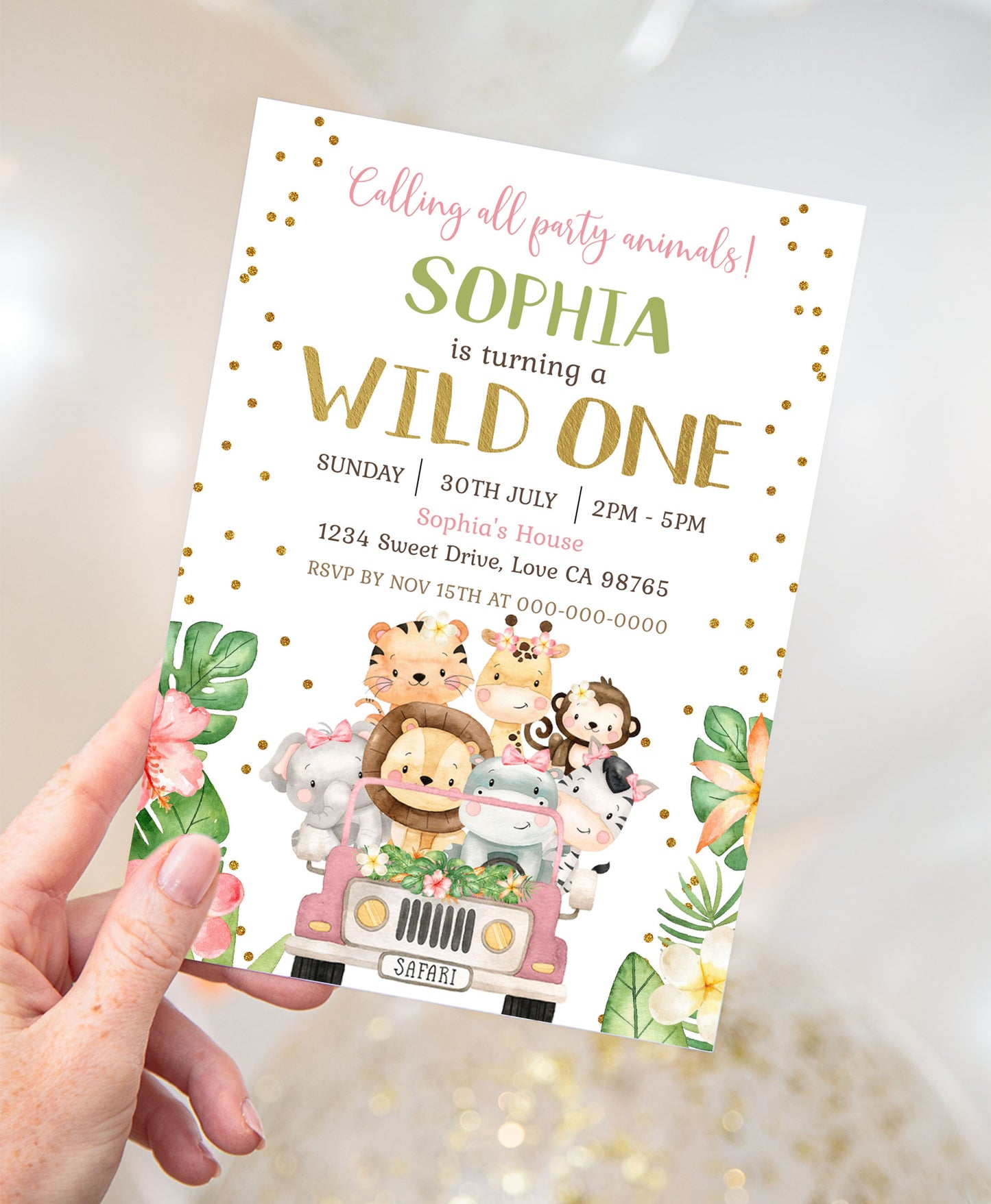 Wild One, Girl Safari Party Animals Invitation | Editable Floral Jungle Birthday Invite - 35E