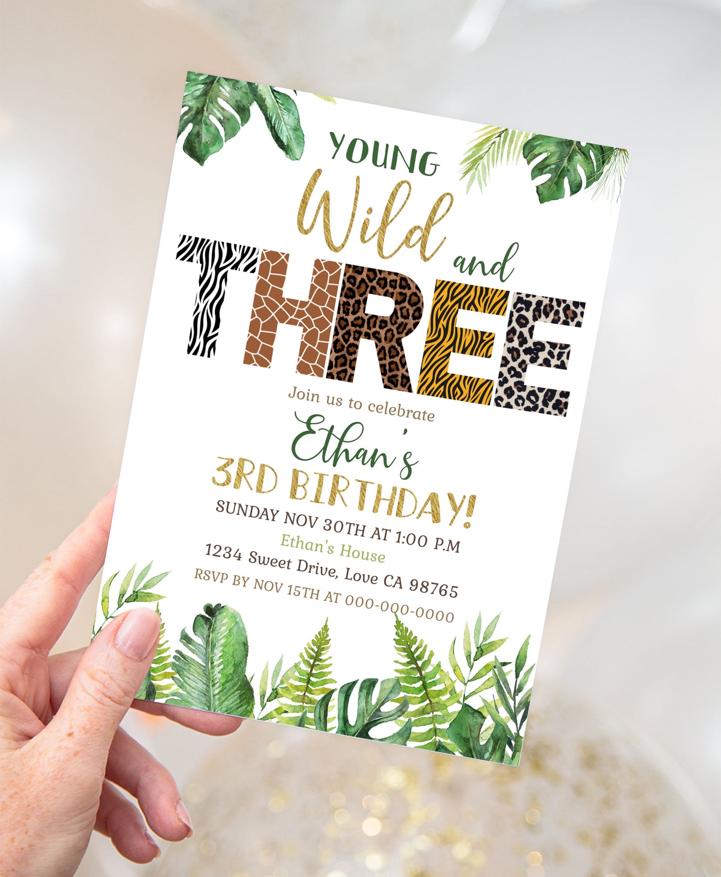 Young Wild And Three Animal Print Invitation | Editable Safari 3rd Birthday Invite - 35H
