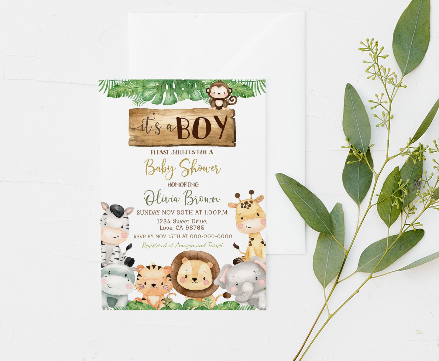 Safari Baby Shower Invitation | Editable It's a Boy Baby Shower Invite - 35E