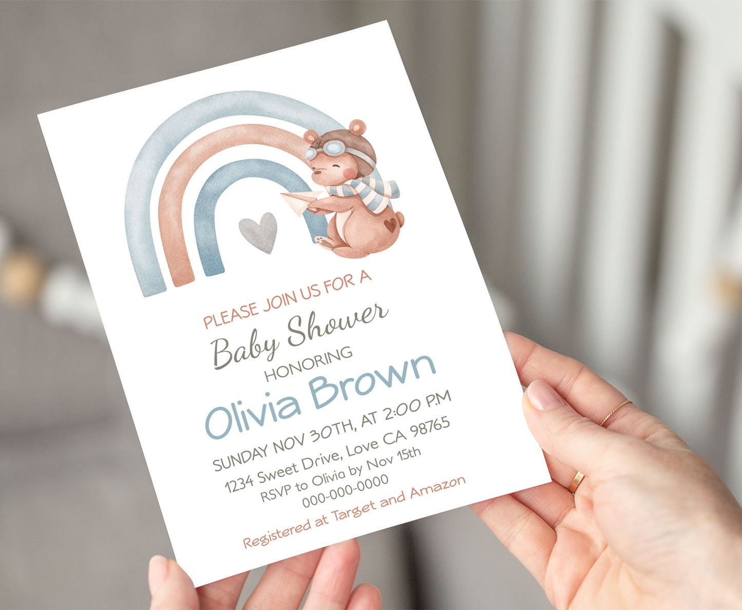 Aviator baby shower invitation | Editable Rainbow boy baby shower invite - 76C