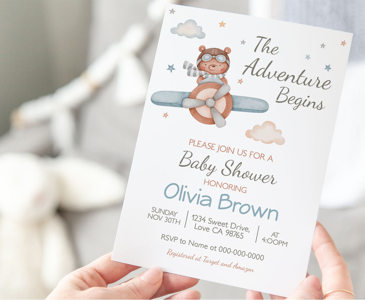 Aviator baby shower invitation | Editable The adventure begins boy baby shower invite - 76C