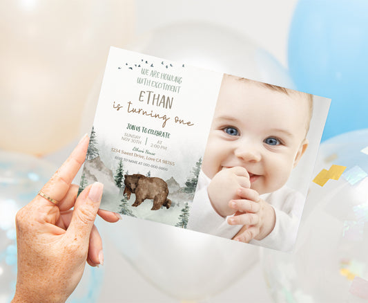 Editable Bear Photo Invitation | Woodland Birthday Invite - 47H
