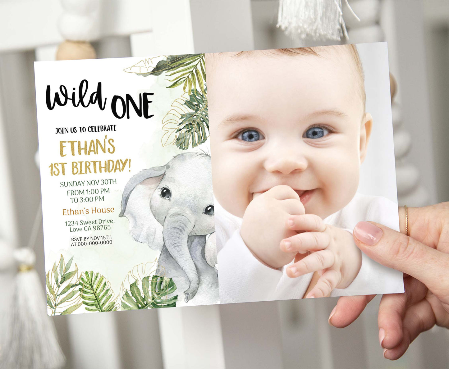Editable Elephant Photo Invitation | Safari Birthday Invite - 35A