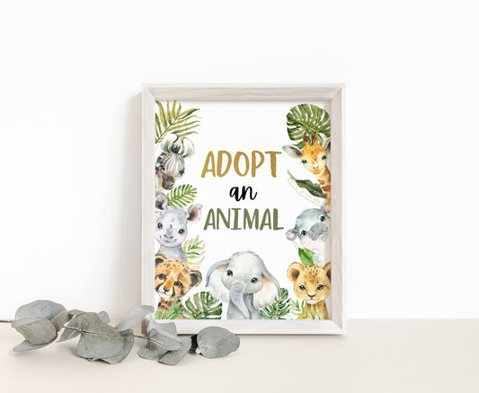 Adopt an animal Sign | Safari Animals Party Table Decorations - 35A