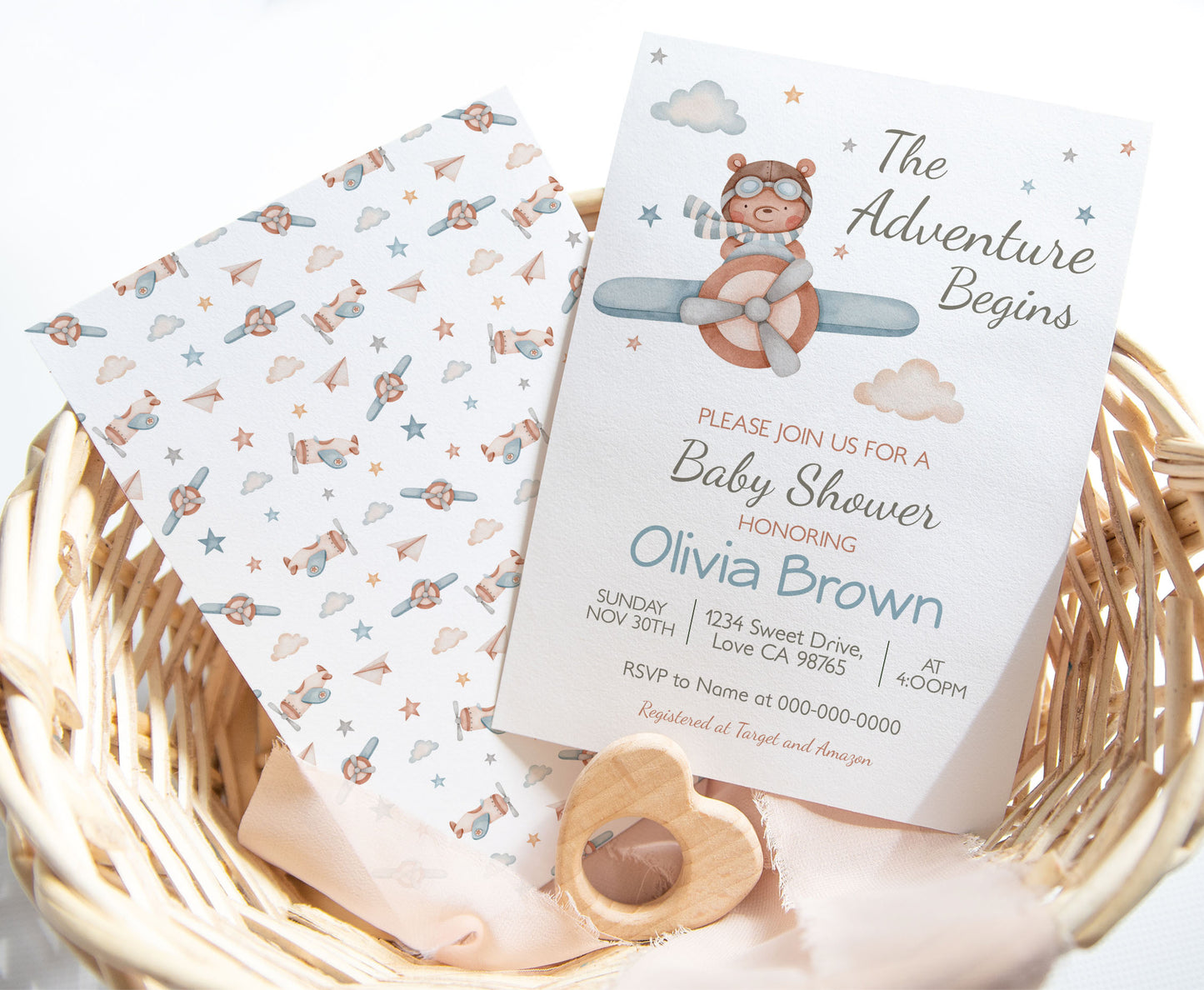 Aviator baby shower invitation | Editable The adventure begins boy baby shower invite - 76C