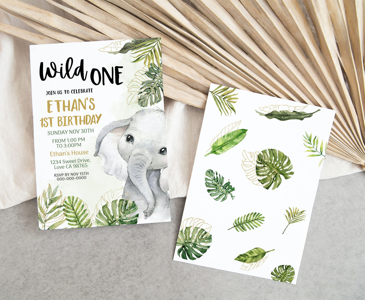 Elephant Wild One Invitation | Editable Safari 1st Birthday Invite - 35A
