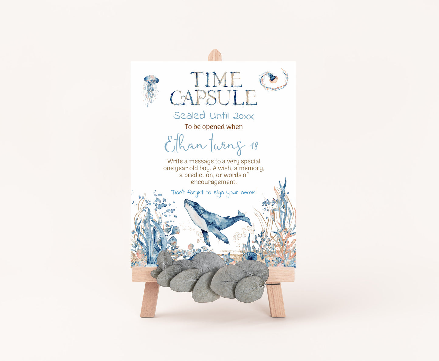 Whale Editable Under The Sea Time Capsule | Ocean 1st birthday decorations - 44C