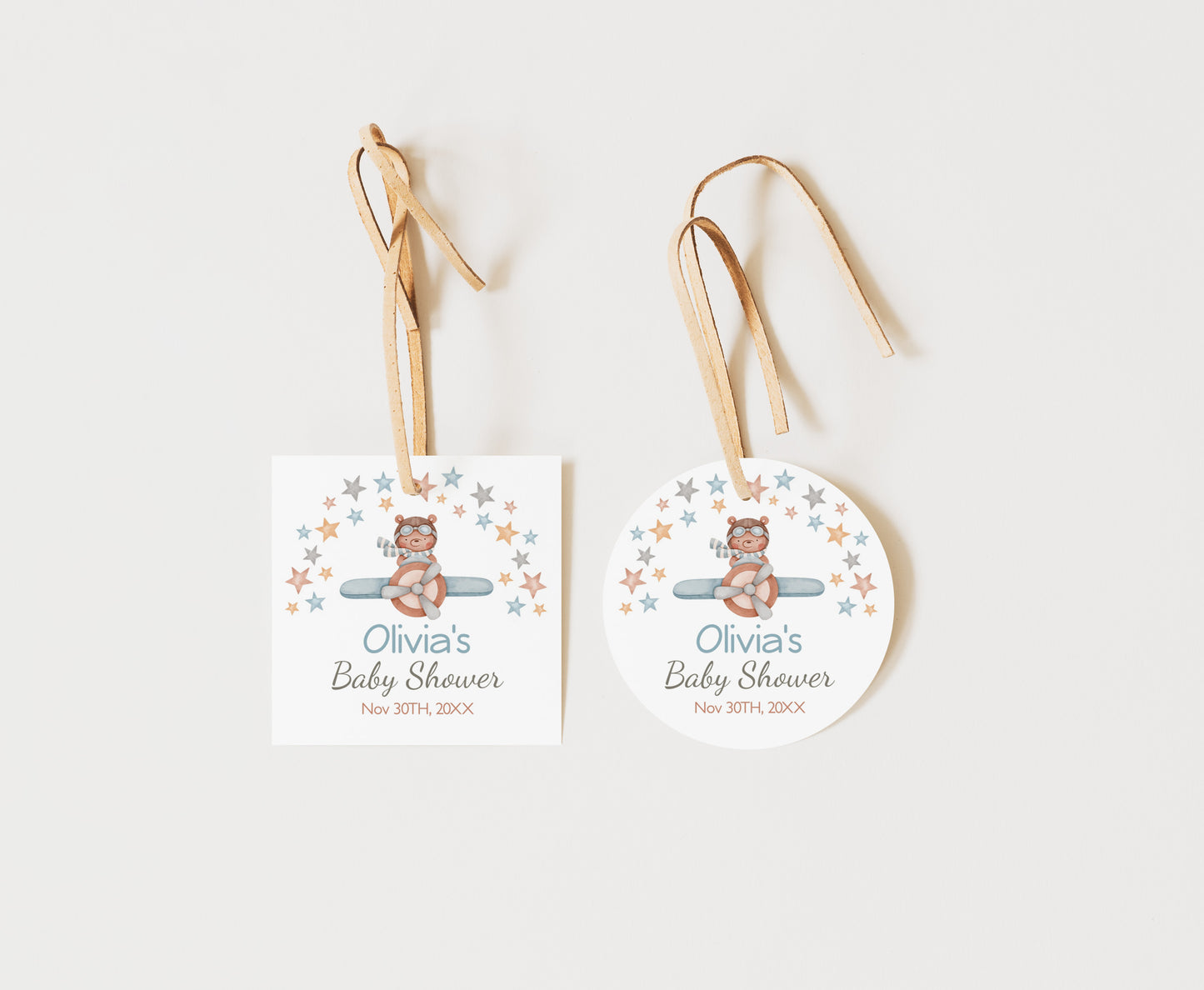Editable Aviator Thank You Tags 2"x2" Round and Square | Bear baby shower stickers - 76C