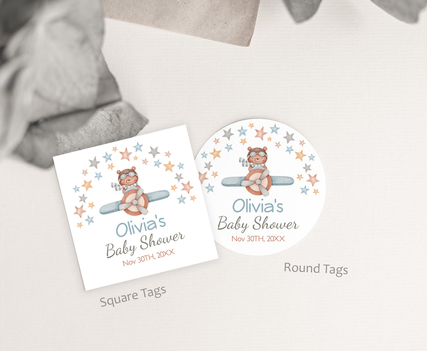 Editable Aviator Thank You Tags 2"x2" Round and Square | Bear baby shower stickers - 76C