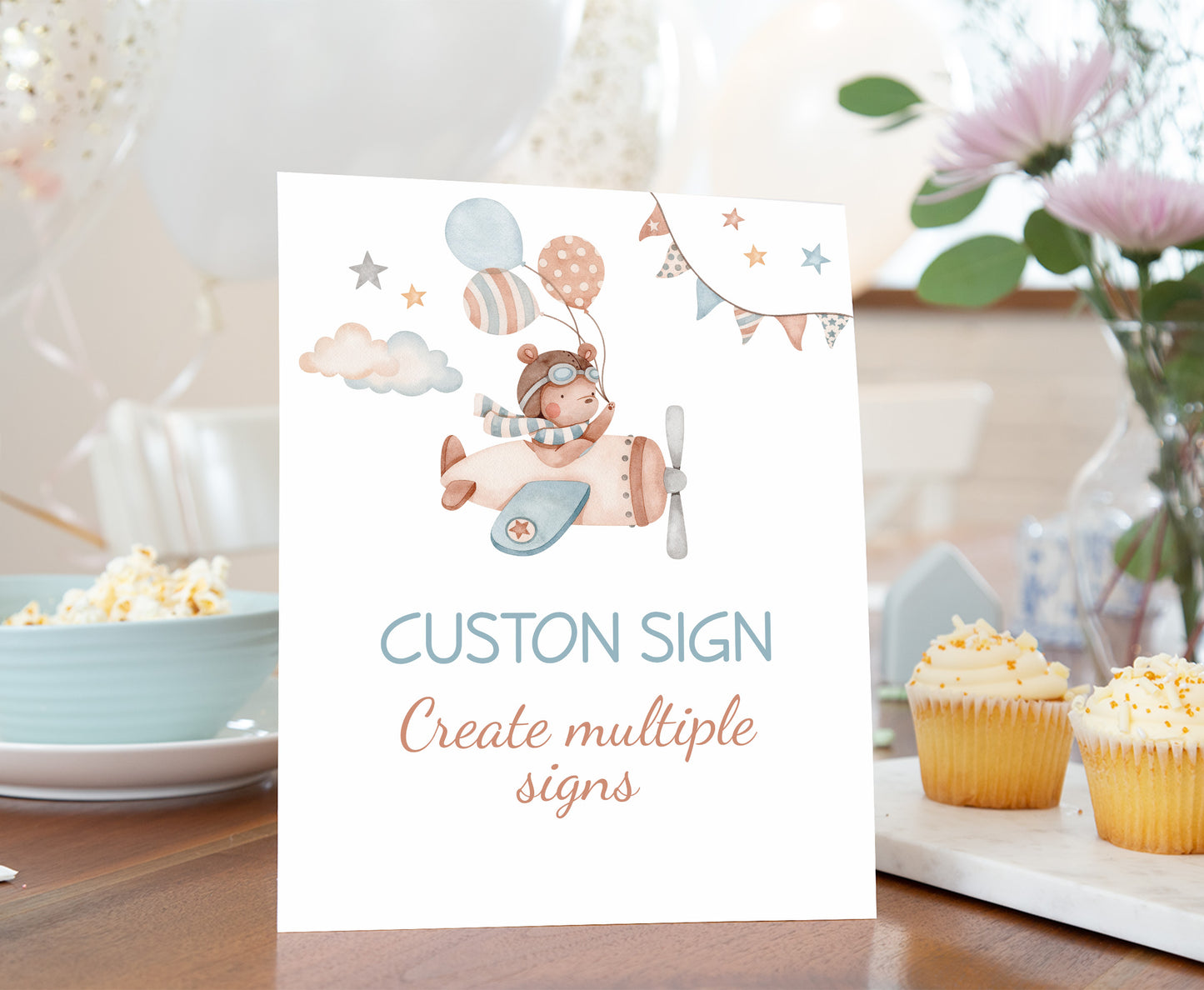 Custom Airplane Table Sign | Editable Aviator Party Decorations - 76C)