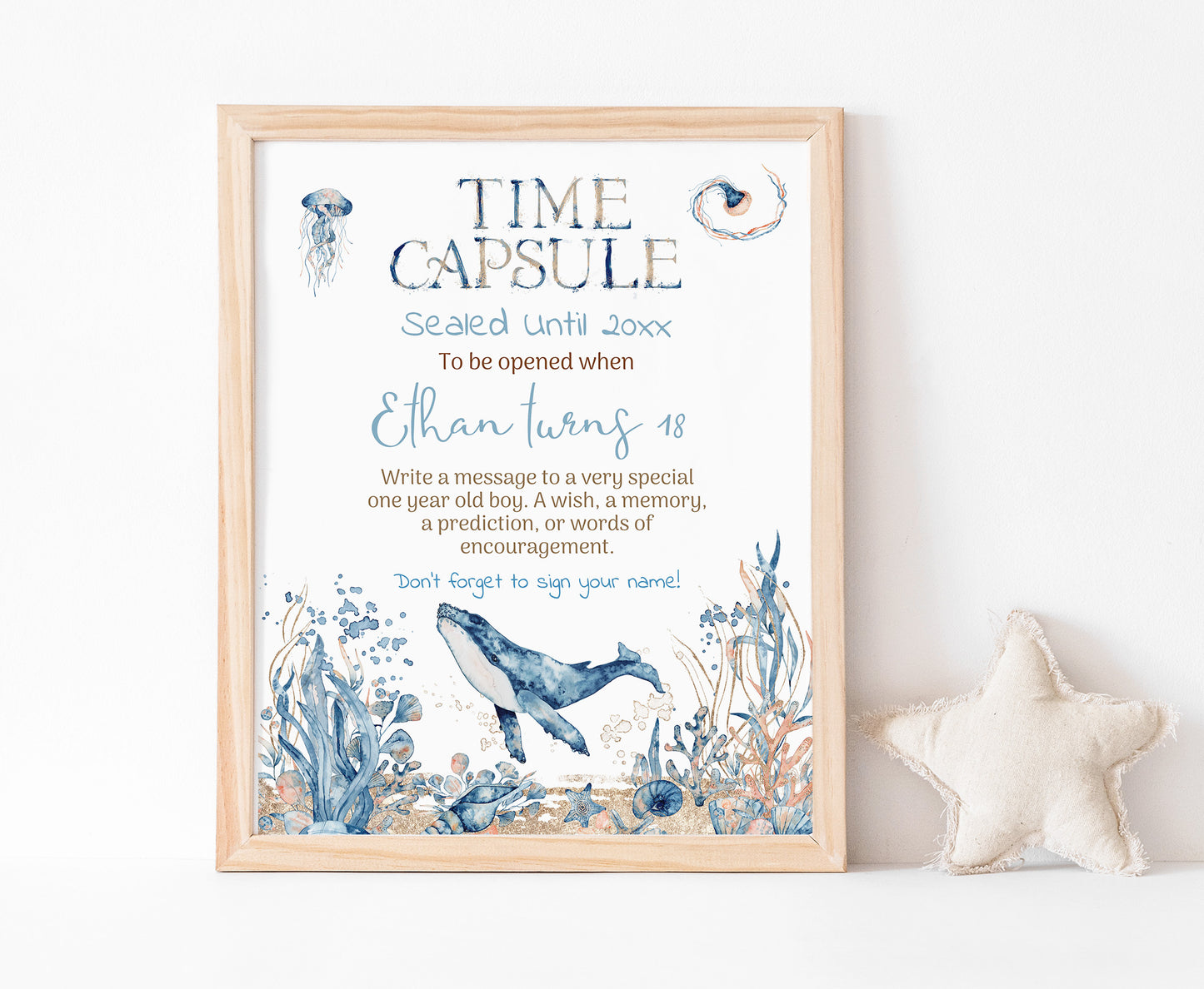 Whale Editable Under The Sea Time Capsule | Ocean 1st birthday decorations - 44C