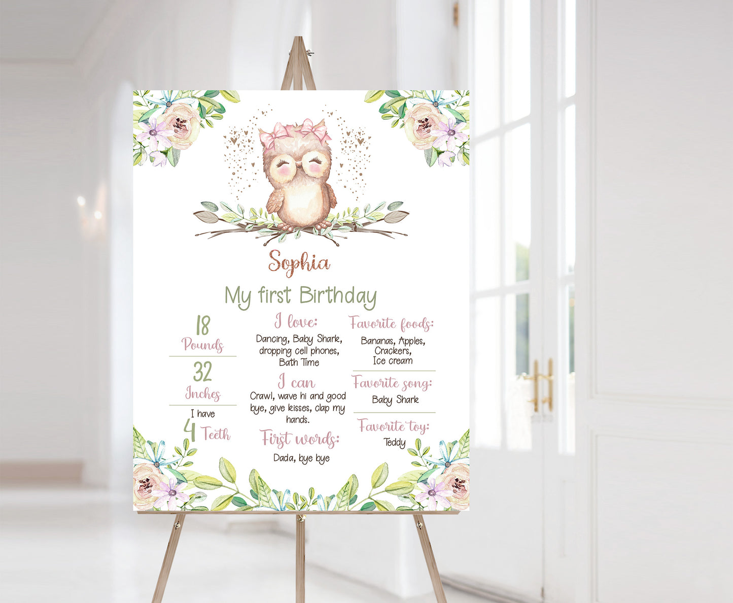 Editable Owl Milestone Poster | Girl Owl 1st Birthday Decorations - 78A