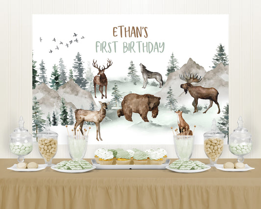 Editable Woodland Animals Birthday Backdrop Banner | Woodland Party Sign - 47H