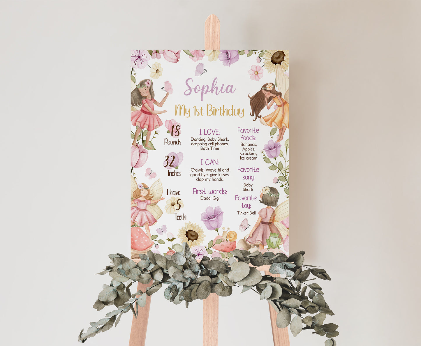 Fairy Milestone Poster | Fairy Garden 1st Birthday Decorations - 10A