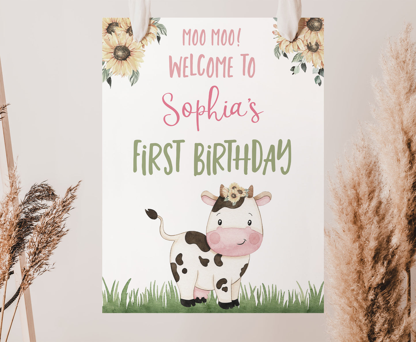 Sunflowers Cow Welcome Sign | Farm Birthday Party Decoration - 11G