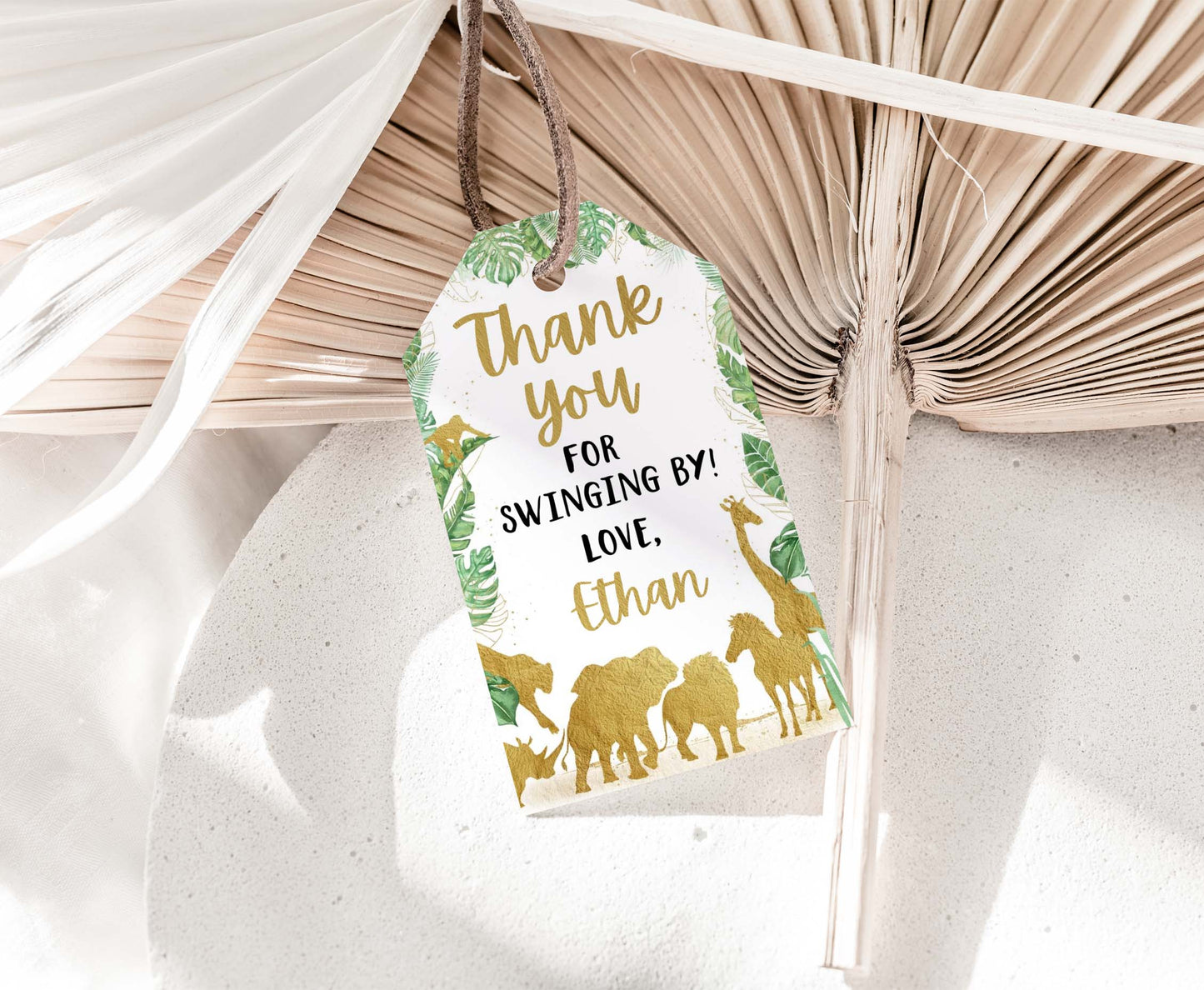 Editable Gold Safari Animals Thank You Tags | Jungle Birthday Party Favor Tags - 35K